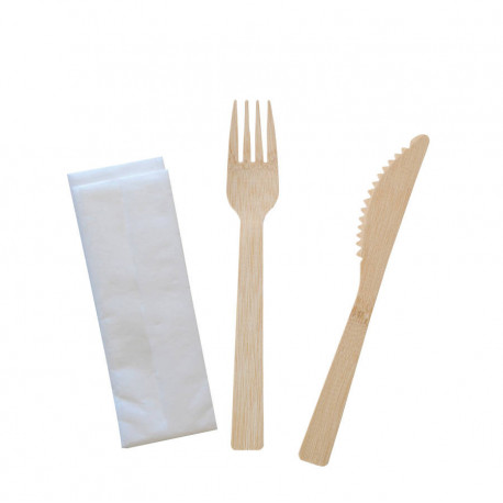 Kit couverts 3 en 1 bois couteau + fourchette+ serviette x 250