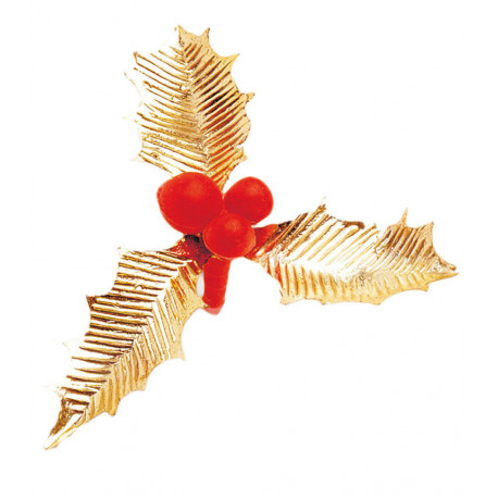 Feuille de houx triple dorée boule rouge x 100