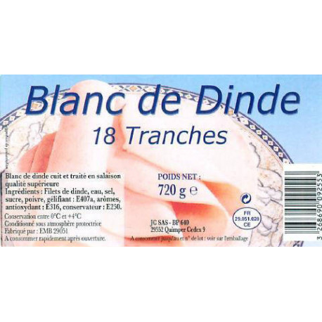 Blanc de dinde cuit et traité en salaison 720 g
