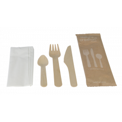 Kit 4/1 couteau-fourchette-cuillère-serviette en bois x 250