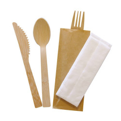 Kit couverts 4en1 bambou couteau+fourchette+cuillère+serviette x 100