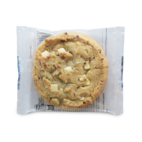 Cookie cuit aux morceaux de chocolat blanc 16% et framboise 1%, Surgelé